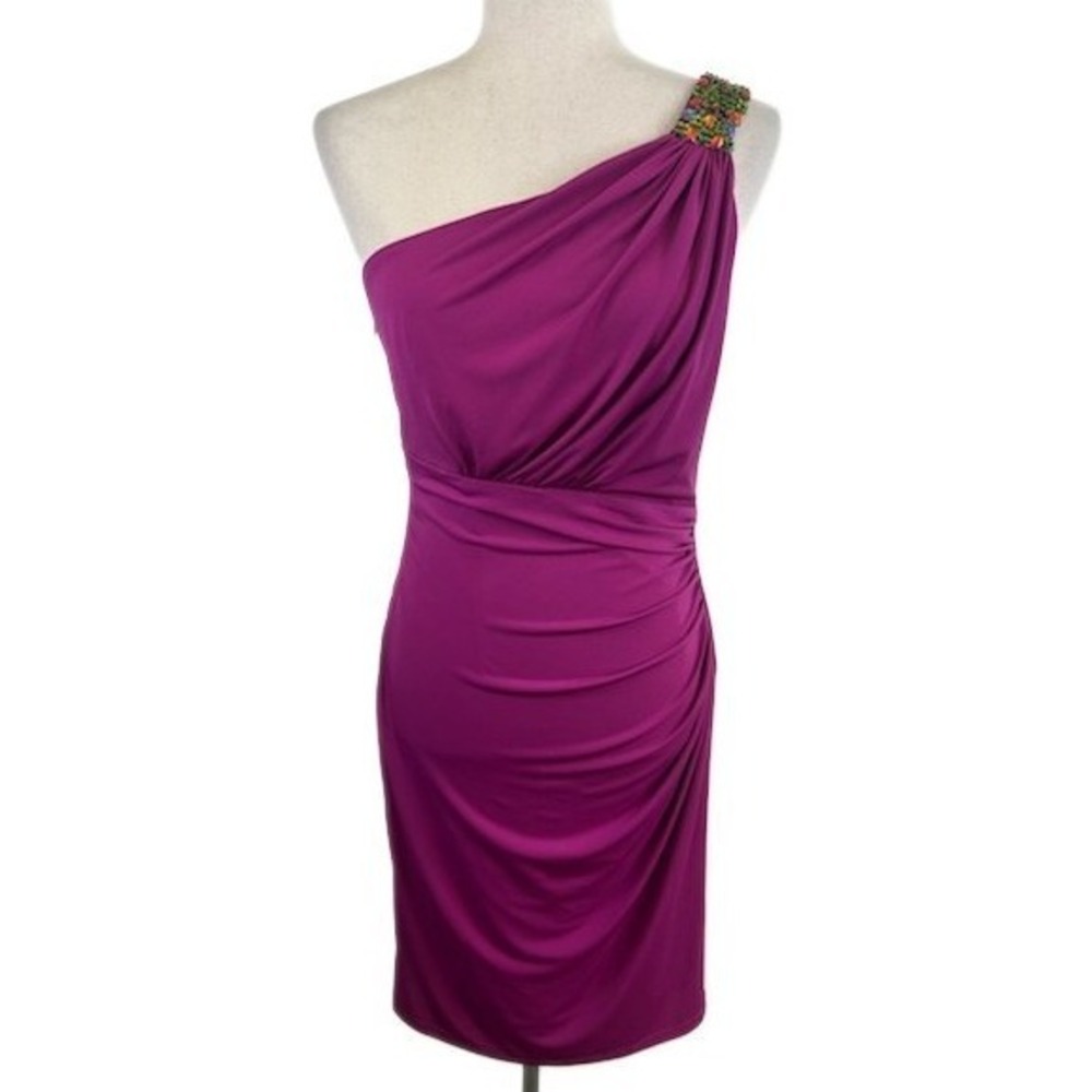 David Meister Dress Women's Size 6 Fuchsia One Shoulder Ruched Cocktail Party